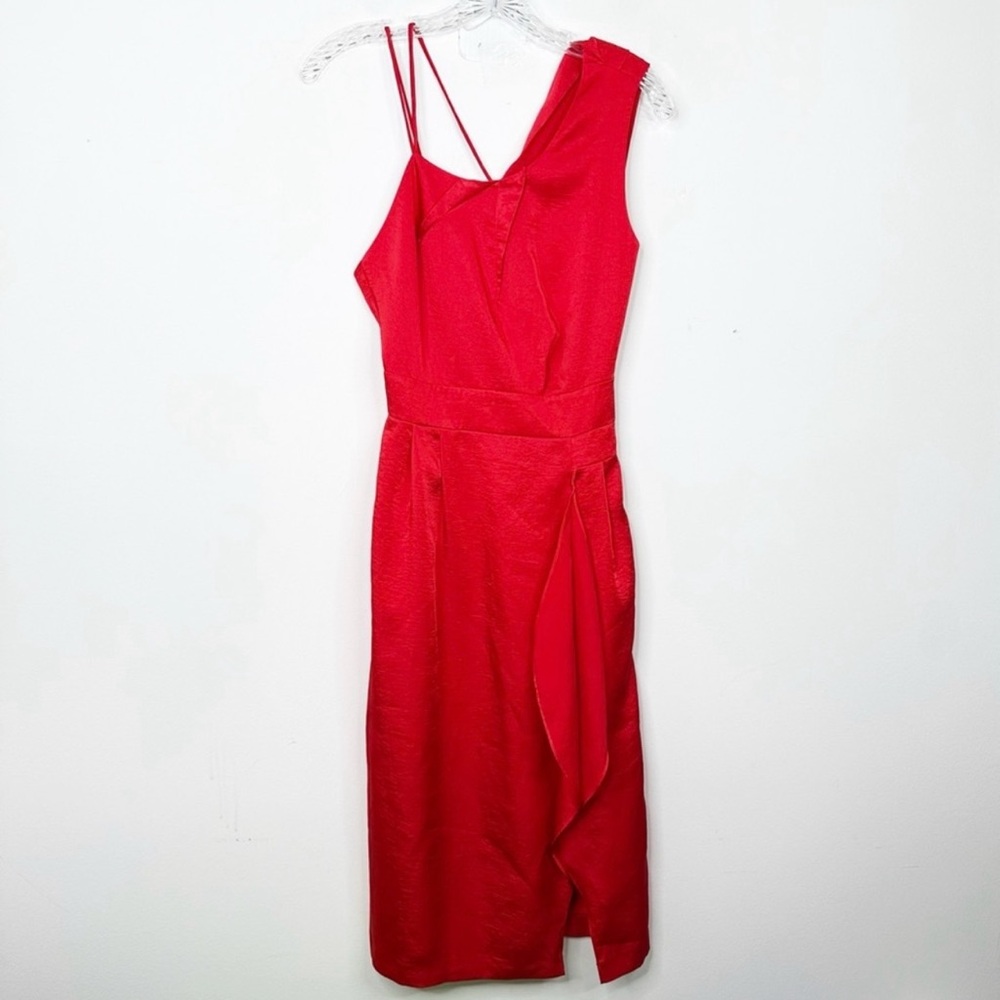 NWT REISS | Sara Ruffle Detail‎ Red Satin Pleated Midi Cocktail Dress Sz. 0 - Picture 5 of 8